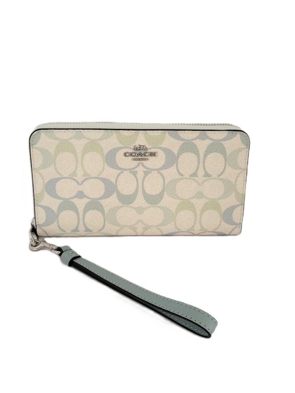 Coach CEC22 Long Zip Around Wallet Signature Coated Canvas Wristlet Chalk Blue